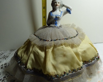 Beautiful Antique German Half Doll Pin Cushion 7&quot; tall w/Marie Antoinette- beaded dress/tulle