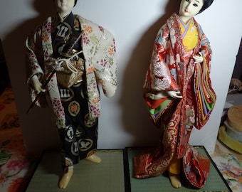 Japanese Antique Okinawa Ryukyu Dolls Man Woman Ningyo Beautiful Details MINT