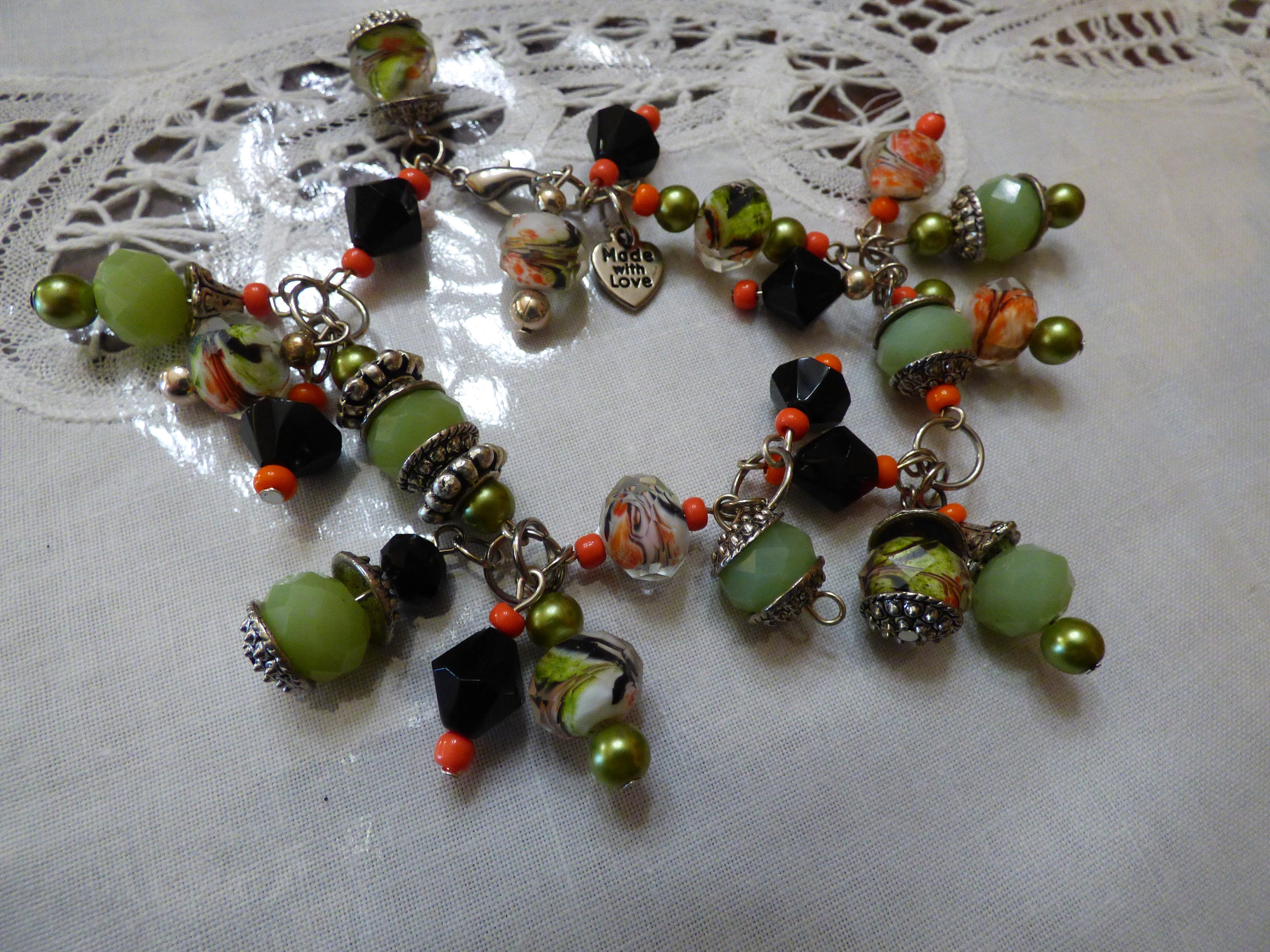Chunky Glass Beads Charm Style Bracelet Lamp Glass Silver Caps Orange Green Black Tones