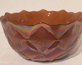 Fenton Marigold Diamond Quilted Iridescent Carnival Glass Bowl Scalloped VTG