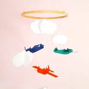 Handmade gift Baby mobile Planes and clouds 20x55cm in recycled cardboard paper.