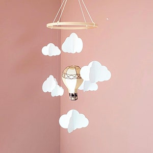 Montgolfière et nuages Mobile bébé 20x70cm - Papier cartonné recyclé Décor chambre enfant