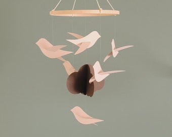Personalized gift - Baby mobile 6 Paper birds and cloud on wooden circle