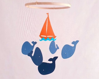 Whale Baby Mobile – Boat Nursery Decor, Handmade Nautical Mobile, Ocean Theme, Paper Mobile, Baby Shower Gift