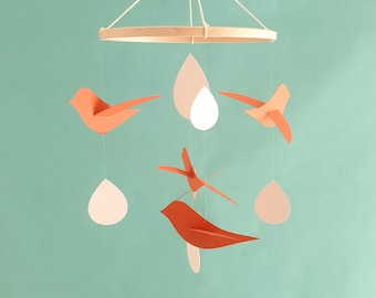 Mobile bébé 5 Oiseaux terracotta Gouttes crème sur cercle en bois 20x50cm Décor de chambre bébé