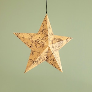 Stella 3D 18x5cm carta kraft floreale - Stella da appendere in carta riciclata, motivo floreale nero - Decorazione murale rustica e boho