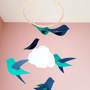 Nursery decor Baby mobile Room decor 6 Blue/green birds & clouds 20x50cm. image 6