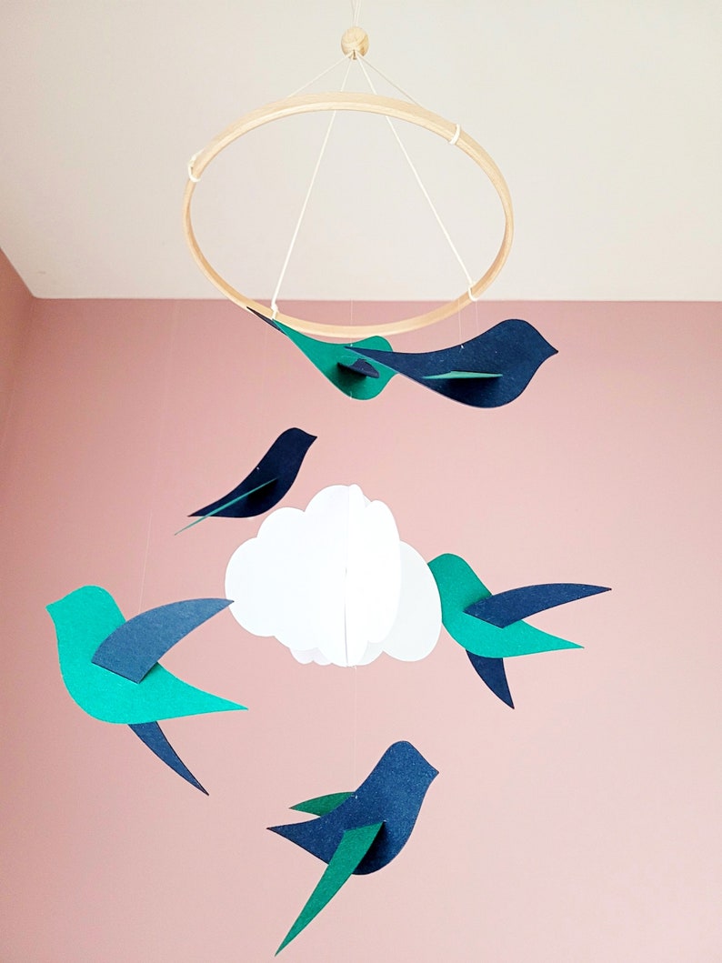 Nursery decor Baby mobile Room decor 6 Blue/green birds & clouds 20x50cm. image 6