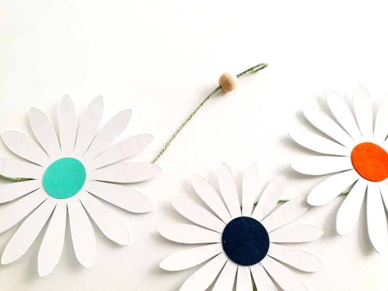 Guirlande florale en papier accrochée à un mur blanc