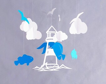 Handmade baby mobile - Seaside theme with lighthouse, seagulls and paper fish