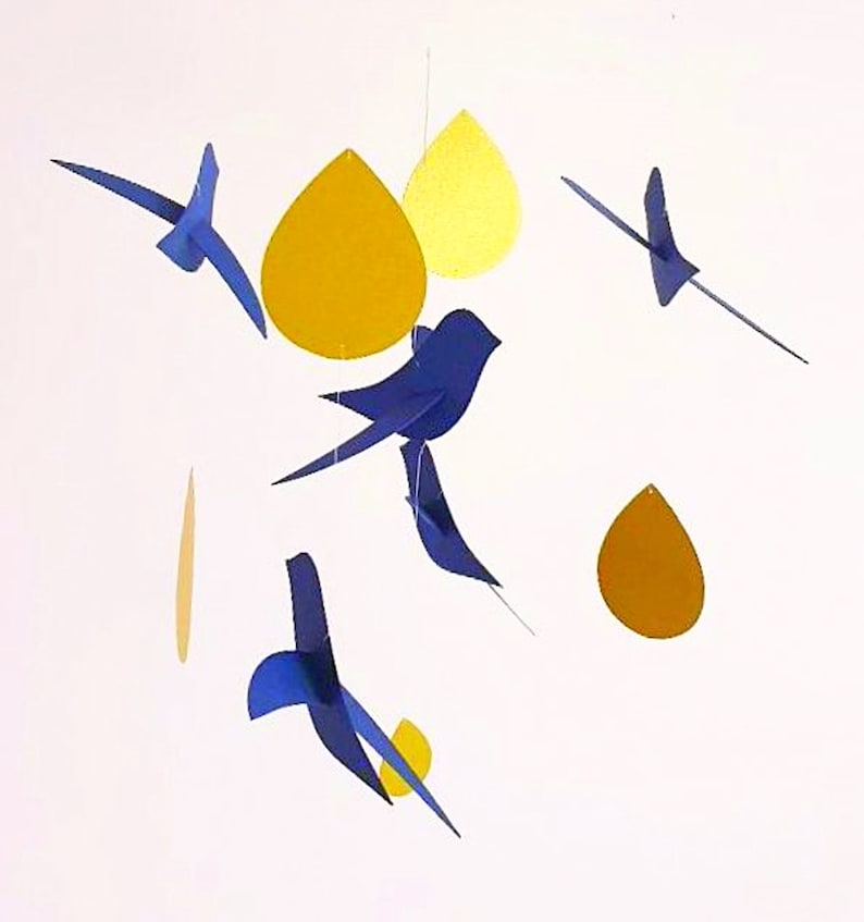 Mobile bébé 5 Oiseaux bleu marine Gouttes or sur cercle en bois 20x50cm Décor de chambre. image 7