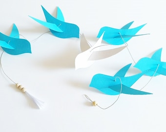 Personalized gift Room decor Wall decor - 6 vertical blue & white birds 120cm