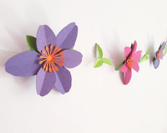 Paper Flower Garland - Recycled Paper Wall Hanging - Colorful Floral Room Decor - Handmade Spring Flower Banner