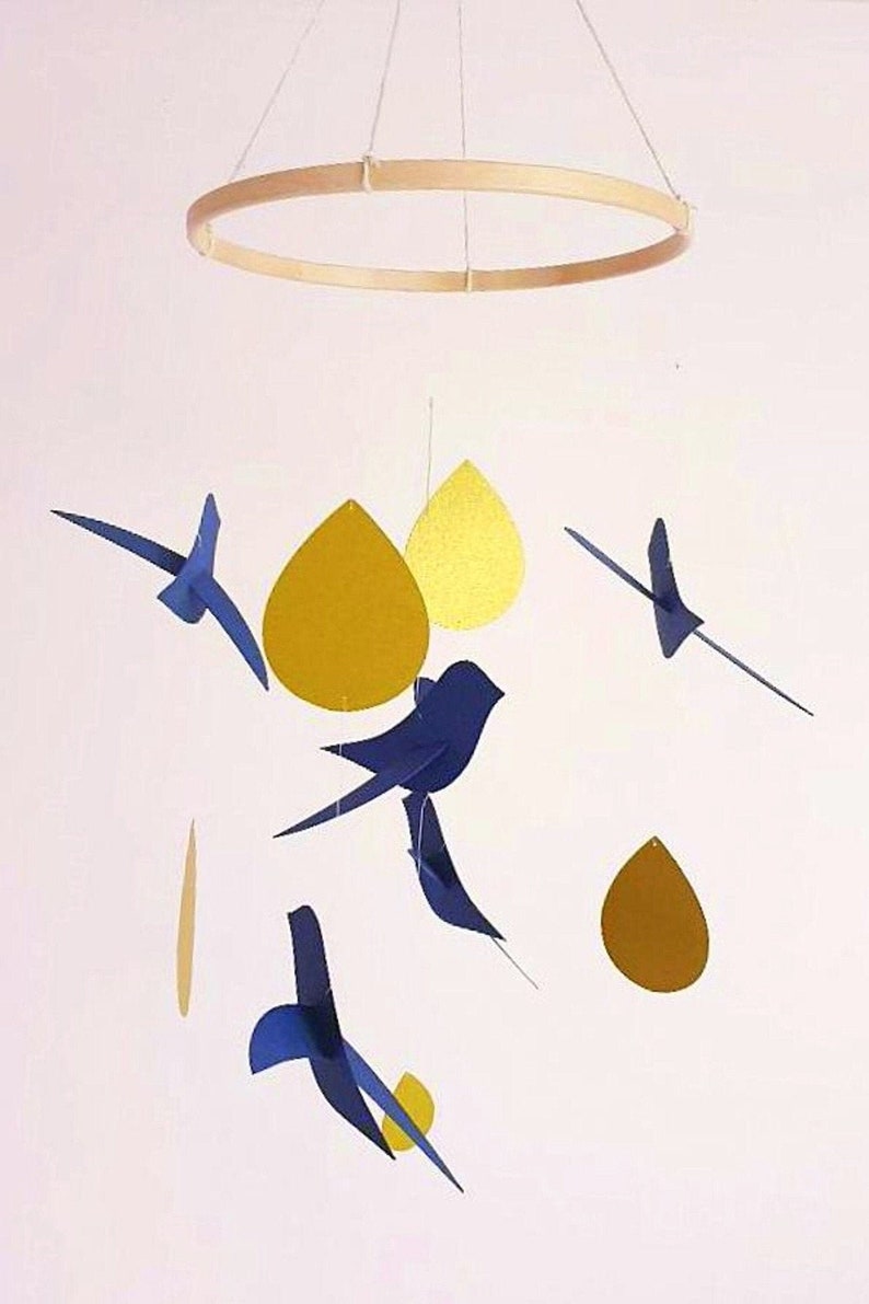 Room decor Baby mobile Baby gift Baby shower Room decor 5 navy blue Birds gold drops on wooden circle 20x50cm. image 2