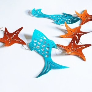 Guirlanda de peixes e estrelas do mar 120cm Papel cartão reciclado - Decoração de quarto infantil Decoração de parede