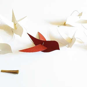 Personalized gift - Garland 6 red and white vertical paper birds 120cm