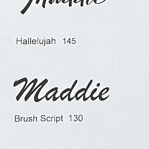 May include: A white background featuring two black text examples of the name Maddie in different fonts. The top line reads Maddie in a cursive script above the text Hallelujah 145. The bottom line reads Maddie in a brush script above the text Brush Script 130.