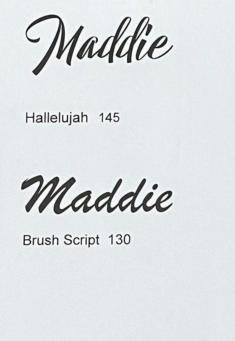 May include: A white background featuring two black text examples of the name Maddie in different fonts. The top line reads Maddie in a cursive script above the text Hallelujah 145. The bottom line reads Maddie in a brush script above the text Brush Script 130.
