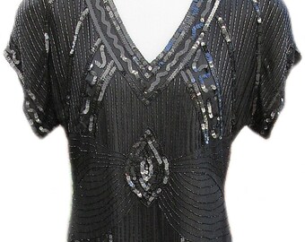 Black Sequin Dress / Silk / by Stenay / Vintage 1980s - Fits Size Medium (US Sz 8)
