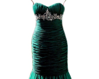 Vintage Formal Strapless Dress / Green Tulle / Mermaid Skirting / Lace Up Back / 1990s - Fits Size Small to Medium