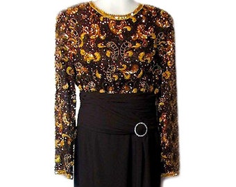 Vintage Black Formal Dress / Long Sleeves /  Waist Sash / Sequins / Beading / Leg Slit / 1980s - Fits Size Small to Medium