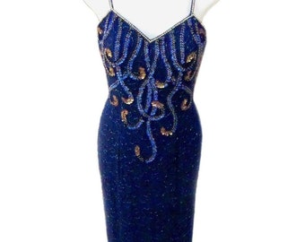 Vintage Sequin Dress / Blue with Gold Designs / Silk Fabric / 1970s - Fits Small (US Sz 6)