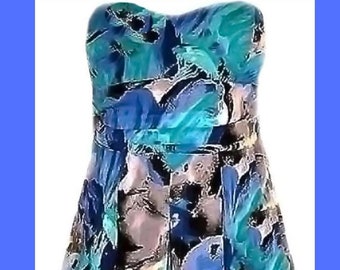 Vintage 80s Blue Strapless Dress / Gathered Waist / Bold Print / Elastic Back - Fits Size Small to Medium
