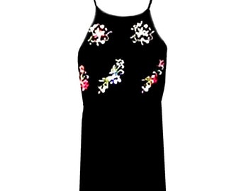Vintage Black Sleeveless Dress / Full Length / Embroidered Bodice / 1980s - Fits Size Medium