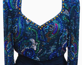 Vestido de noche con cuentas estilo años 70 - Rayón azul marino, talla pequeña