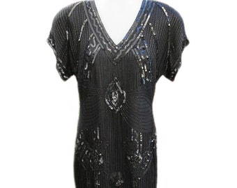 Vintage Black Sequin Dress / Silk / by Stenay / 1980s - Fits Size Medium (US Sz 8)