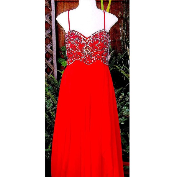 Long Red Dress / Formal / by Dave & Johnny / Sleeveless / Beaded Bodice / Vintage 1990s - Fits Size Medium (US Sz 9/10)