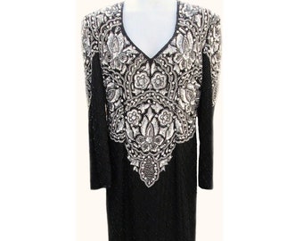 Vintage Beaded Dress / Silk / Black and Silver Sequins / Long Sleeves / 1970s - Fits Size Large