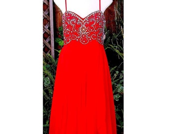 Vintage Red Dress / Formal / by Dave & Johnny / Sleeveless / Beaded Bodice / 1990s - Fits Size Medium (US Sz 9/10)