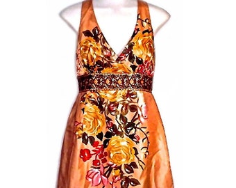 Vintage Floral Dress / Gold / Satin / Beaded Waistband / 1980s - Fits Size Small