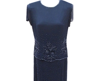 Vintage 90s Beaded Dress Blue Silk by Adrianna Papell - Fits Size Small (US Sz 6)