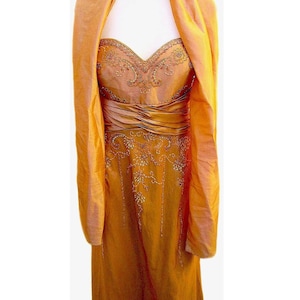 Vintage Formal Evening Dress / Matching Shoulder Wrap / Gold Satin Fabric / Beading / Gathered Waist / 1970s - Fits Size XLarge