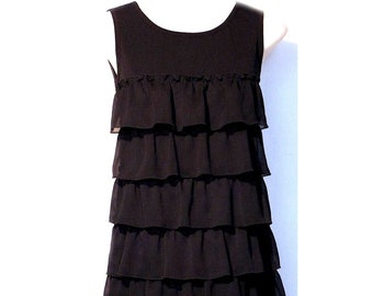 Vintage Black Sleeveless Dress / Tiered Front Ruffles / 1980s - Fits Size Small