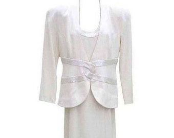 Vintage Formal White White / One Piece / Attached Jacket / Beading / 1970s - Fits Size Large (US Sz 12)