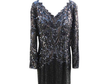 Vintage Formal Sequin Dress / Grayish Black Color / Beading / from Niteline by Della Roufogali / 1990s - Fits Size Large (US Sz 10)