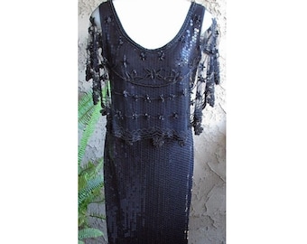 80s Sequin Formal Dress / Black / Beading / Sequins / Lace / Sleeveless / Tank Dress / By Lew Magram NY - Fits Size Medium (US Sz 8)