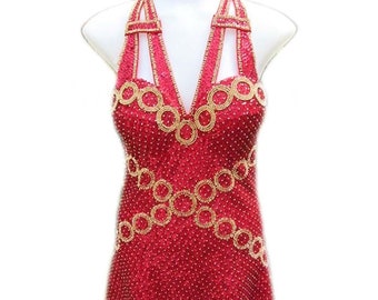 Vintage 80s Red Dress Stretch Fabric Gold Sequins by Tropical Climax - Fits Size Small to Medium