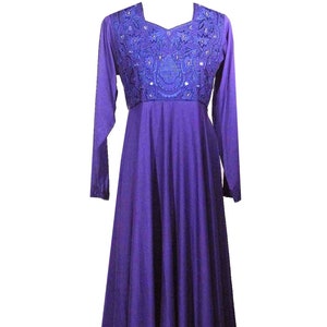 Vintage Embroidered Dress / Purple / Long Sleeves / Mirror Accents / Lace-Up Back / 1970s Fits Size Small to Medium image 1