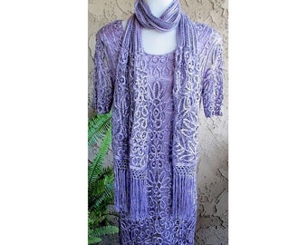 Formal Summer Dress, Purple Silk Fabric, Illusion Embroidery, Matching Fringed Scarf, Vintage 2000s - Fits Size Small