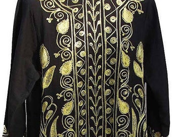 Embroidered Kaftan / Black / Yellow Embroidery / Imported / Vintage 1970s - Fits Size Small to Medium