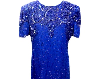 Vintage 80s Silk Dress / Midnight Blue / Sequins / Beading - Fits Size Small to Medium