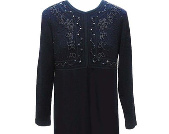 Vintage Black Beaded Dress / Long Sleeves / Knee Length / 1970s - Fits Size Small