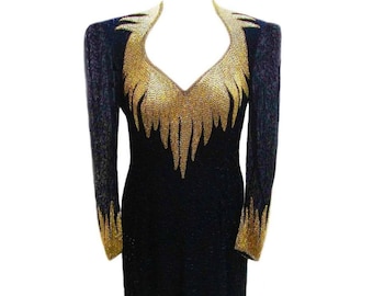 Vintage 70s Evening Dress / Black / Gold Beading / Semi Sheer Sleeves / Dramatic Neckline - Fits Size XSmall (US Sz 4)