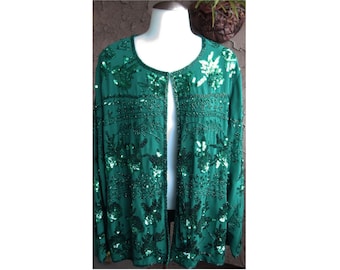 Green Sequin Jacket / Formal Attire / Vintage 90s / Hook and Eye Closure / Holiday Fashion / Fits Size XL (Extra Large)