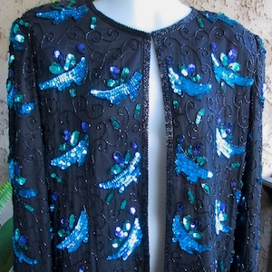 Chaqueta de lentejuelas de Laurence Kazar / Lentejuelas negras, azules y verdes / Cierre delantero / Vintage años 80 - Talla grande