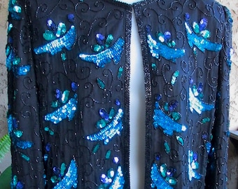 Size XL / Laurence Kazar Jacket / Silk Fabric / Black Beading / Blue Sequins / Formal Wear / Cocktail Attire / Vintage